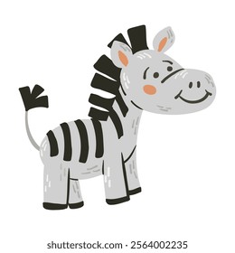 Cute hand drawn flat drawing of smiling zebra with bold black stripes, rosy cheeks, and playful expression. Vector childish illustration isolated on white background