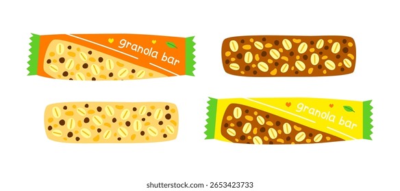 Belas barras de granola planas desenhadas à mão com sinal vegano folha verde isolada no fundo branco. Aperitivos proteicos em pacote. Texto escrito à mão.