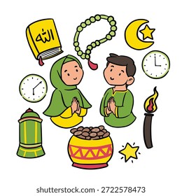 Lindo conjunto de iconos planos dibujados a mano que ilustran las actividades de la vida diaria de Ramadán y los Elementos islámicos. Incluye saludo de la familia musulmana, cuentas de oración, Corán, linterna, fechas, luna creciente, estrellas, relojes y símbolos tradicionales de Ramadán. Adecuado para proyectos de Ramadán y Eid, tarjetas de felicitación, carteles, redes sociales, contenido infantil y diseño islámico
