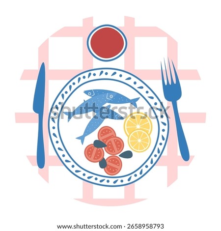 cute hand drawn flat logo design templates, vector icon and badge for social media highlight with sardine and tomatoes summertime italian vacation traditional food on striped background