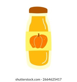 Cute hand drawn flat pumpkin juice or smoothie in bottle with label isolated on white background. Homemade autumn drink.