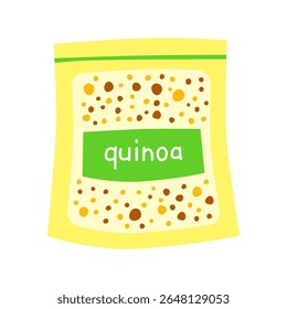 Cute hand drawn flat quinoa mix in packet isolated on white background. Hand written text. Plant based protein.