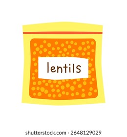 Cute hand drawn flat red lentils in packet isolated on white background. Hand written text. Plant based protein.