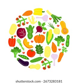 Legumes planos desenhados à mão bonitos compostos em forma de círculo isolado no fundo branco. Comida vitamínica colorida em estilo moderno. Festival agrícola de colheita de outono. Nutrição vegetariana saudável.