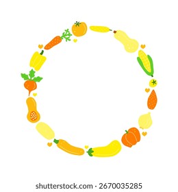Vegetales planos planos amarillos y naranjas dibujados a mano lindos compuestos en forma de círculo aislados sobre fondo blanco. Colorido alimento vitamínico en estilo moderno. Nutrición vegetariana saludable. Festival de la cosecha de otoño.