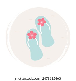 cute hand drawn Flip flop with hibiscus flower icon logo vector illustration on circle with brush texture for social media story highlight	