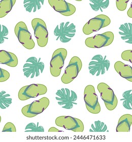 Cute hand drawn flip flops and plant leaf seamless pattern. Flat vector illustration. Doodle drawing.	