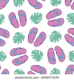 Cute hand drawn flip flops and plant leaf seamless pattern. Flat vector illustration. Doodle drawing.	