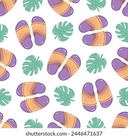 Cute hand drawn flip flops and plant leaf seamless pattern. Flat vector illustration. Doodle drawing.	