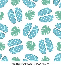 Cute hand drawn flip flops and plant leaf seamless pattern. Flat vector illustration. Doodle drawing.	