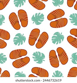 Cute hand drawn flip flops and plant leaf seamless pattern. Flat vector illustration. Doodle drawing.	