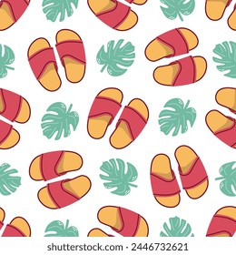 Cute hand drawn flip flops and plant leaf seamless pattern. Flat vector illustration. Doodle drawing.	