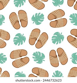 Cute hand drawn flip flops and plant leaf seamless pattern. Flat vector illustration. Doodle drawing.	