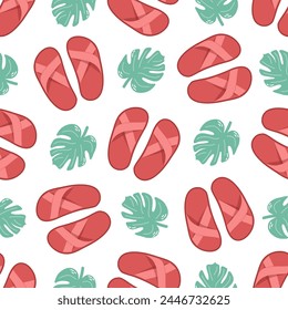 Cute hand drawn flip flops and plant leaf seamless pattern. Flat vector illustration. Doodle drawing.	