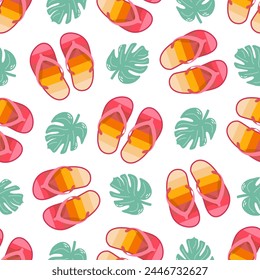 Cute hand drawn flip flops and plant leaf seamless pattern. Flat vector illustration. Doodle drawing.	