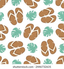 Cute hand drawn flip flops and plant leaf seamless pattern. Flat vector illustration. Doodle drawing.	