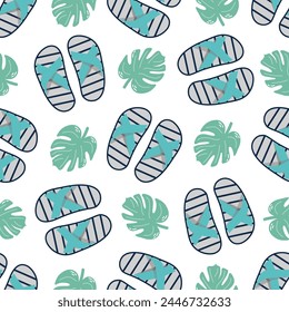 Cute hand drawn flip flops and plant leaf seamless pattern. Flat vector illustration. Doodle drawing.	