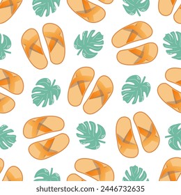 Cute hand drawn flip flops and plant leaf seamless pattern. Flat vector illustration. Doodle drawing.	