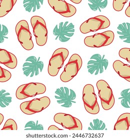 Cute hand drawn flip flops and plant leaf seamless pattern. Flat vector illustration. Doodle drawing.	