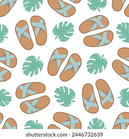 Cute hand drawn flip flops and plant leaf seamless pattern. Flat vector illustration. Doodle drawing.	