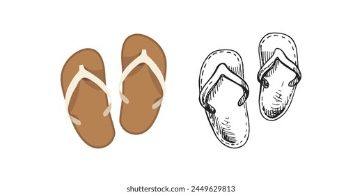 Cute hand drawn flip flops. Flat and outline vector illustration. Doodle drawing.