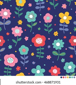 Cute hand drawn floral background. Seamless of colorful blossom pattern.