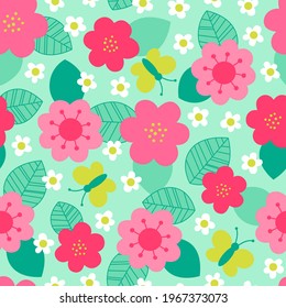 Cute hand drawn floral and butterfly seamless pattern background.