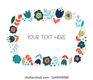 Cute hand drawn floral frame. Wreath with flowers and leafs. Isolated on white vector design. Oval horizontal shape. Free place for your text. 