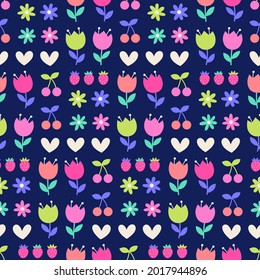 Cute hand drawn floral and fruit seamless grid styled pattern.