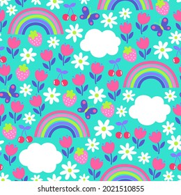 Cute hand drawn floral, fruit, rainbow and cloud seamless pattern background.