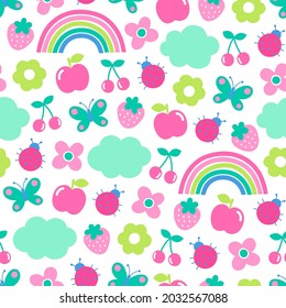 Cute hand drawn floral, fruit, rainbow and cloud seamless pattern background.