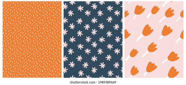 Cute Hand Drawn Floral and Geometric Seamless Vector Patterns. White Daisies and Organge Tulips Isolated on a Dark Blue and Pink Background. Infantile Style Floral Print. Brush Spots on an Orange.