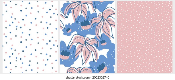 Cute Hand Drawn Floral and Geometric Seamless Vector Patterns. Blue and Dusty Pink Flowers and Dots Isolated on a White and Light Pink Background. Infantile Style Floral Print.Funny Abstract Garden.