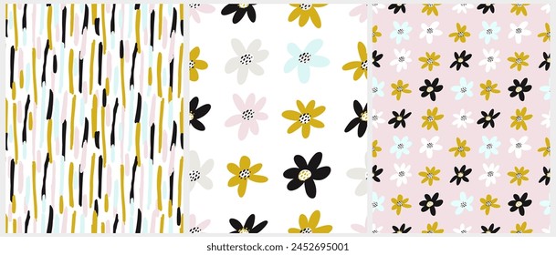 Cute Hand Drawn Floral and Geometric Vector Patterns. Simple Flowers Isolated on a Pastel Pink and White Background. Infantile Style Floral Print. Irregular Abstract Print with Brush Lines. RGB.