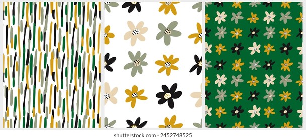 Cute Hand Drawn Floral and Geometric Vector Patterns. Simple Flowers Isolated on a Dark Green and White Background. Infantile Style Floral Print. Irregular Abstract Print with Brush Lines. RGB.