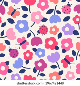 Cute hand drawn floral and insect seamless pattern background.
