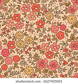 Cute hand drawn floral pattern. Pretty flowers on coral rose background. Printing with small yellow and red flowers. Ditsy print. Seamless vector texture. Spring bouquet. Vintage template prints. 