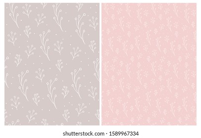 Cute Hand Drawn Floral Seamless Vector Patterns. White Twigs Isolated on a Light Pink and Light Brown Backgrounds. Infantile Style Abstract Garden Design. Pastel Color Floral Repeatable Print.