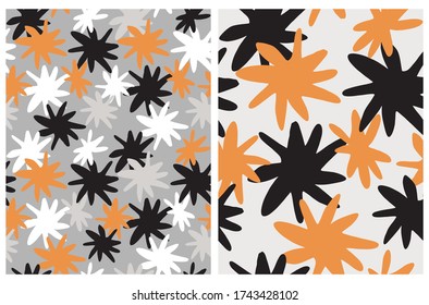 Cute Hand Drawn Floral Seamless Vector Patterns. Black, White and Orange Irregular Abstract Flowers Isolated  on a Gray and  Off-White Background. Infantile Style Vector Print.