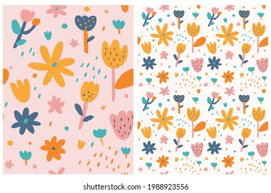 Cute Hand Drawn Floral Seamless Vector Patterns. Colorful Flowers,  Leaves and Twigs Isolated on a Pastel Pink and Off-White Background. Infantile Style Floral Print ideal for Fabric, Textile.