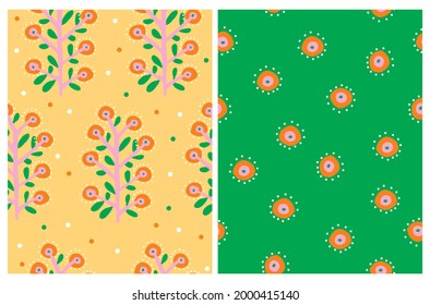 Cute Hand Drawn Floral Seamless Vector Patterns. Orange Flowers and Twigs Isolated on a Yellow and Green Background. Infantile Style Floral Print ideal for Fabric, Textile. Abstract Garden.
