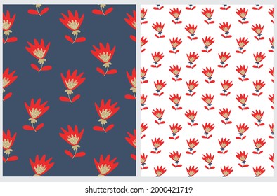 Cute Hand Drawn Floral Seamless Vector Patterns. Red Flowers Isolated on a White and Dark Blue Background. Infantile Style Floral Print ideal for Fabric. Funny Scandinavian Style Abstract Garden. 