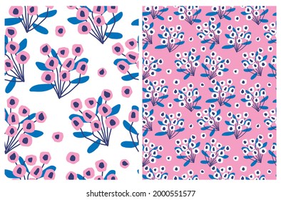 Cute Hand Drawn Floral Seamless Vector Patterns. Pink and Blue Flowers Isolated on a White and Light Pink Background. Infantile Style Floral Print. Funny Scandinavian Style Abstract Garden. 