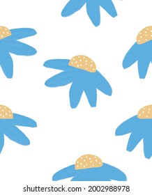 Cute Hand Drawn Floral Seamless Vector Pattern. Pastel Blue Oil Painting Style Flowers Isolated on a White Background. Infantile Style Floral Print. Abstract Garden.