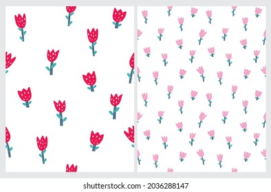 Cute Hand Drawn Floral Seamless Vector Pattern with Simple Pink and Red Tulips. Lovely Childish Style Floral Print. Abstract Garden with Pink and Red Flowers on a White Background.