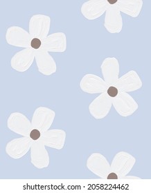 Cute Hand Drawn Floral Seamless Vector Pattern. Simple White Brush Flowers Isolated on a Pastel Blue Background. Oli Painting Style Garden Print with Abstract Blooming Flowers.