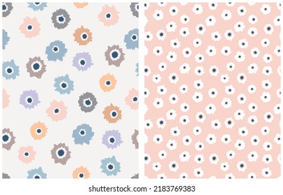 Cute Hand Drawn Floral Seamless Vector Patterns. Abstract Garden Repeatable Print ideal for Fabric, Textile. Simple Beige, Orange, White and Blue Flowers on a Pastel Pink and Off-White Background. 