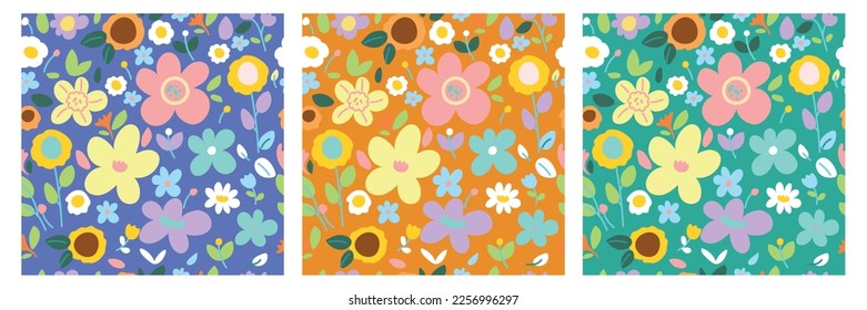 Cute Hand Drawn Floral Seamless Vector Patterns. Colorful Flowers, Leaves Isolated on a yellow, violet, and turquoise Background. Infantile Style Florals Print ideal for Fabric, Textile.