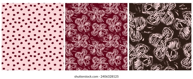 Cute Hand Drawn Floral Seamless Vector Patterns. Flowers Made of Scribbles on a Pink, Red and Dark Brown Background. Infantile Style  Crayon Drawing-like Floral Print. Abstract Doodle Flowers Design.