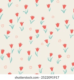 Cute Hand Drawn Floral Seamless Vector Pattern with Simple Red Tulips. Childish Style Floral Print